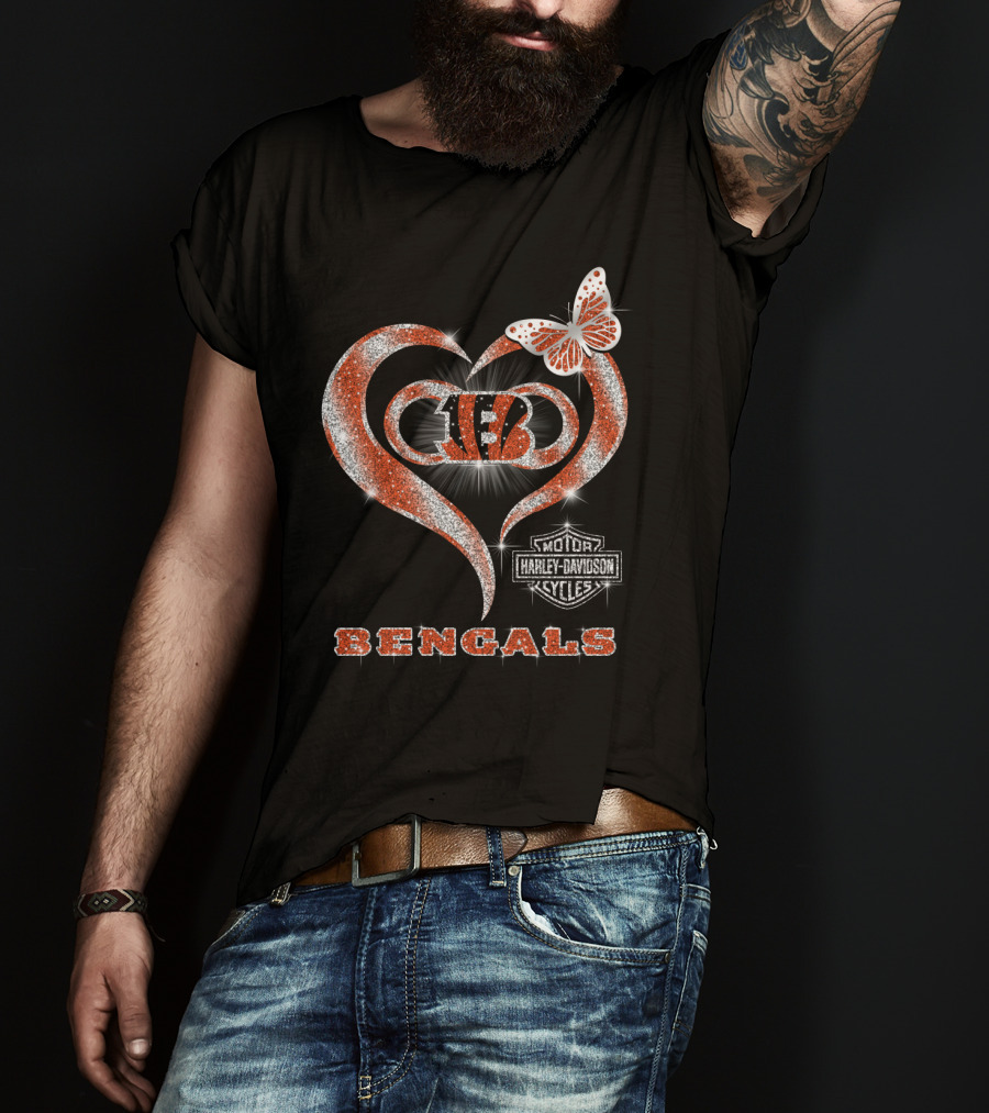 Cincinnati Bengals Heart Harley Davidson Butterfly T-Shirt