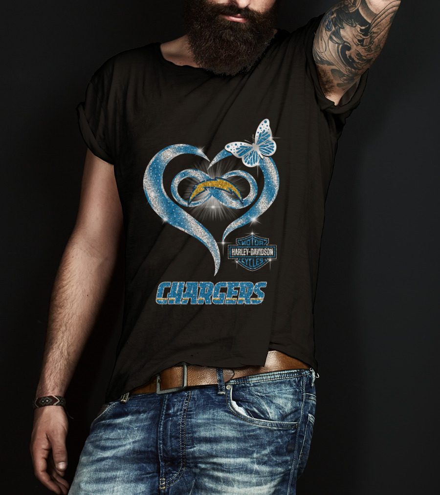Hlh01 Los Angeles Chargers Harley Davidson Motorcycles Heart Butterfly T-Shirt