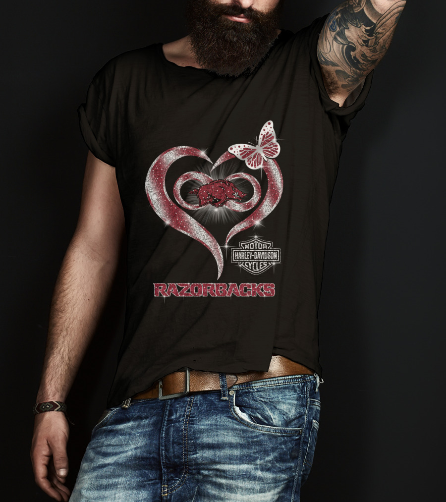 Razorbacks Heart Arkansas Harley Davidson Cycles Butterfly T-Shirt