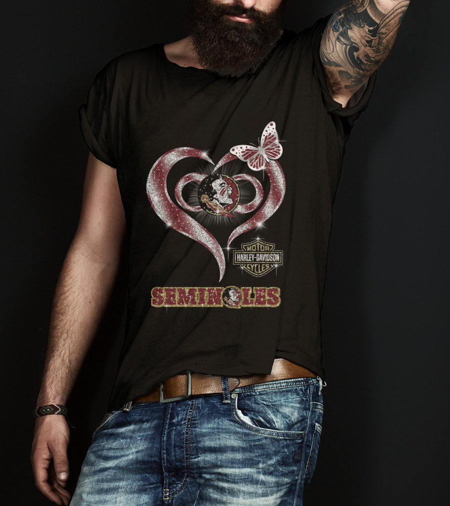 Seminoles Heart With Harley Davidson And Butterfly Motif T-Shirt