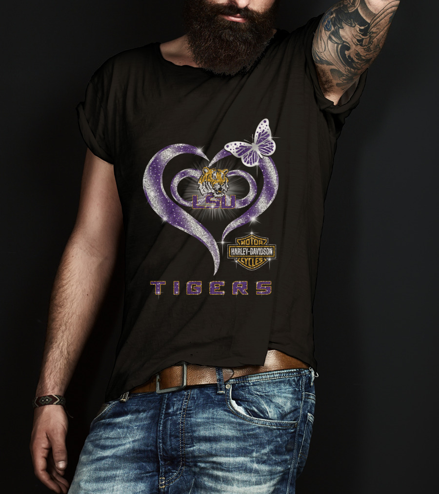 Lsu Tigers Harley Davidson Heart Butterfly T-Shirt