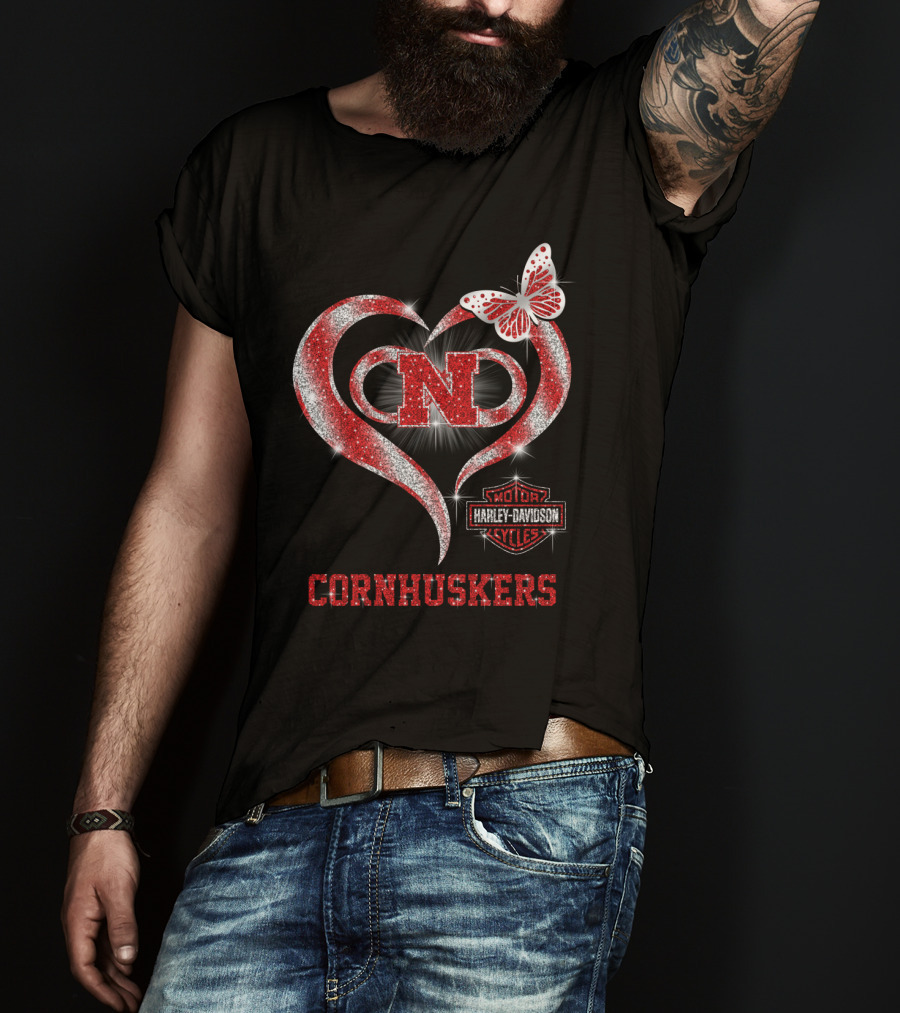Nebraska Cornhuskers Heart Butterfly Harley Davidson Styles T-Shirt