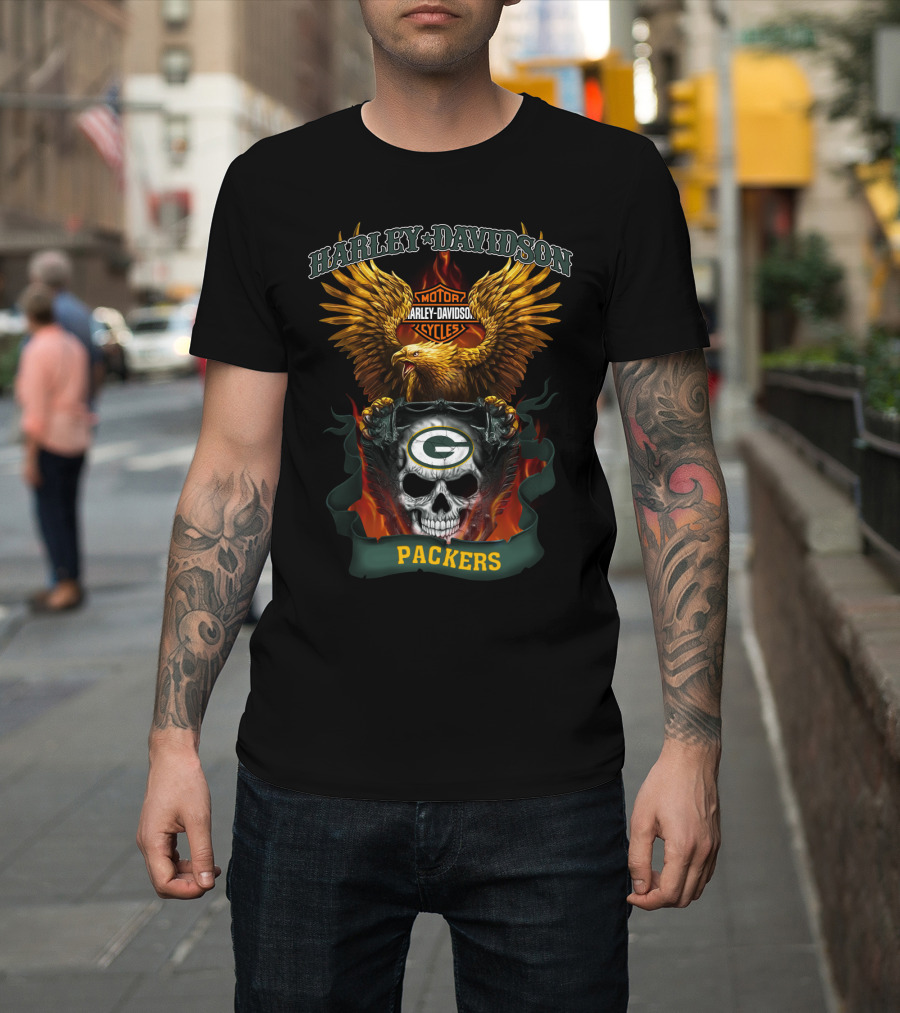 Harley Davidson Motorcycles Green Bay Packers Eagle Skull T-Shirt