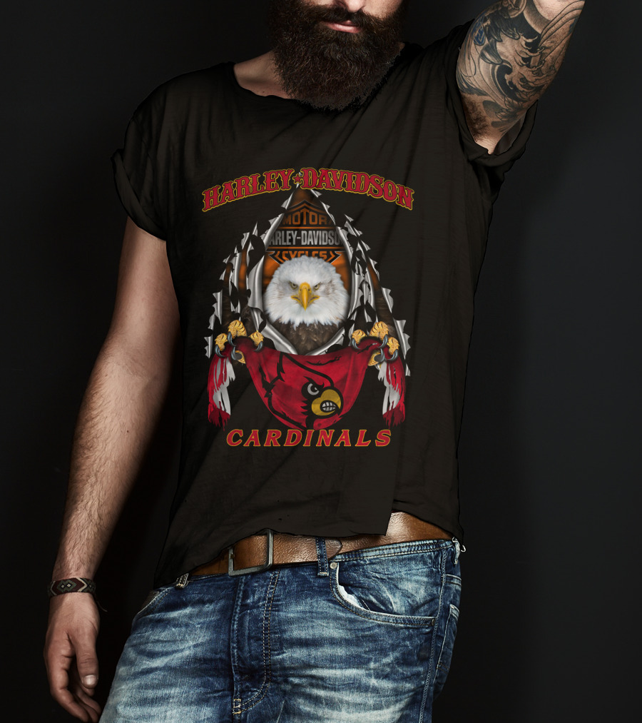 Harley Davidson Ncaa Louisville Cardinals Motor Cycles Eagle Red Sleeve T-Shirt