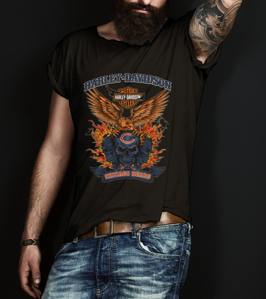 Harley Davidson Motor Cycles Chicago Bears Flame Skull T-Shirt
