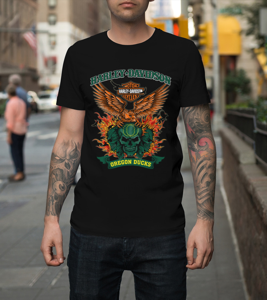 Harley Davidson Oregon Ducks Flaming Skull Eagle T-Shirt