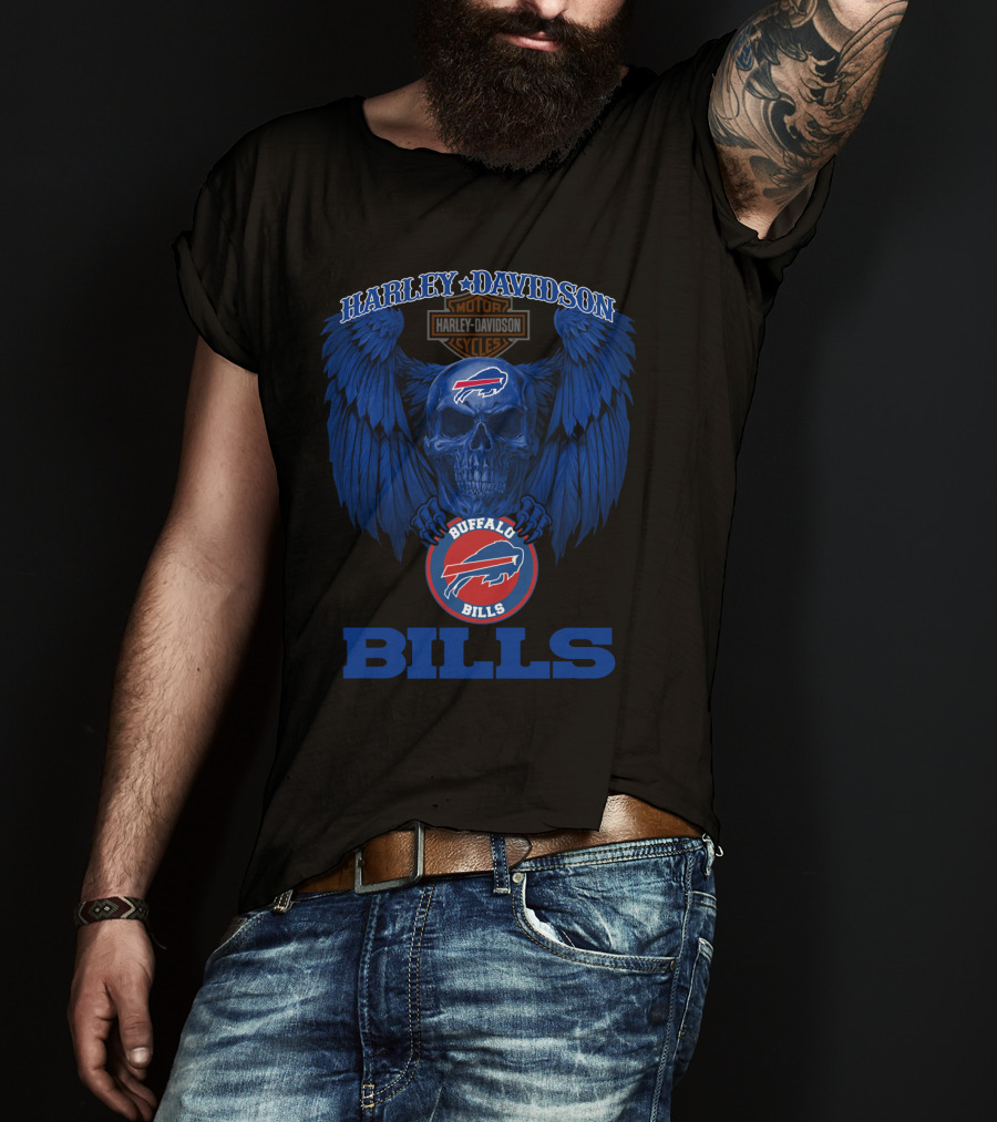 Harley Davidson Buffalo Bills Nfl Skull And Wings T-Shirt