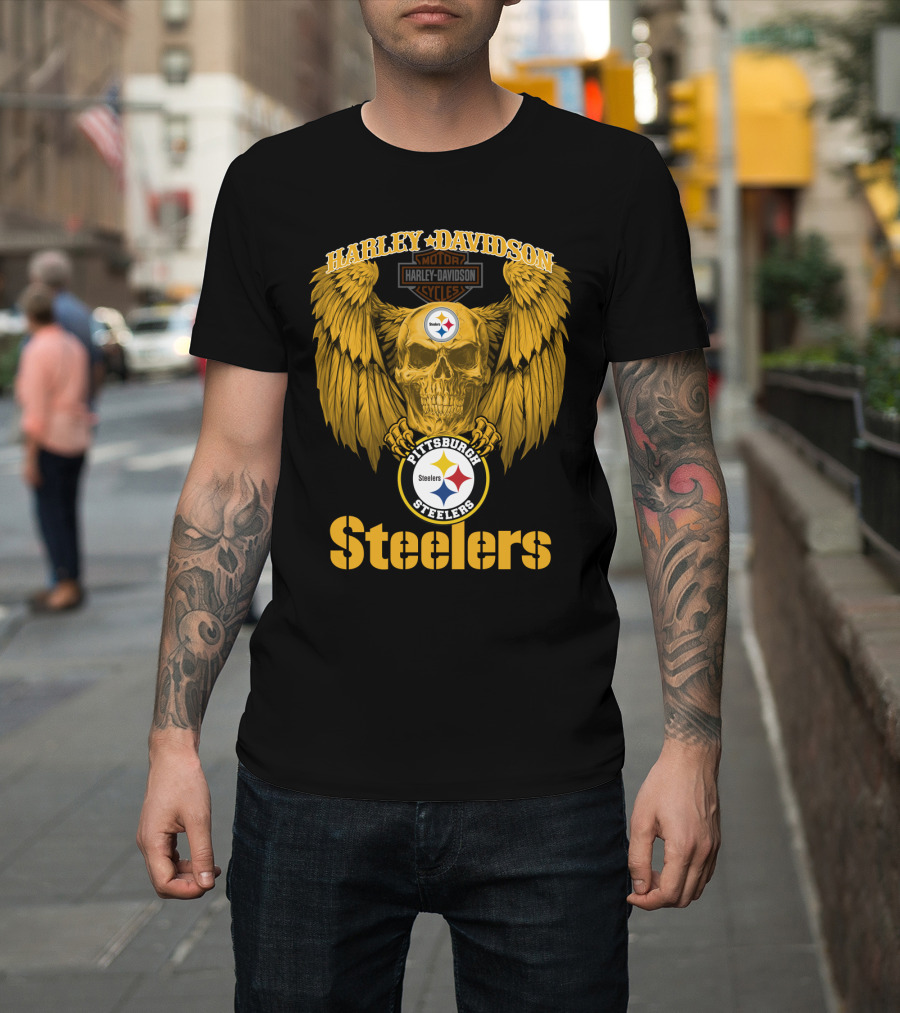 Harley Davidson Pittsburgh Steelers Skull Motor Cycles Winged T-Shirt