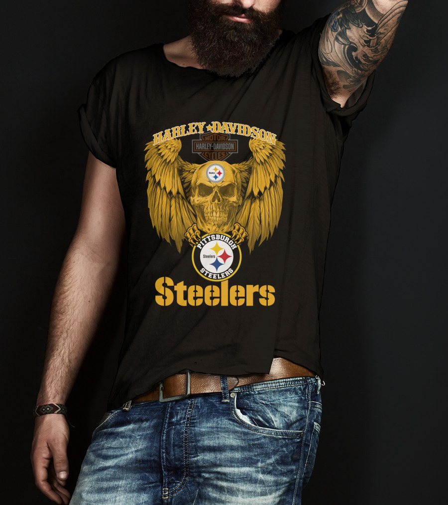Harley Davidson Pittsburgh Steelers Skull Motor Cycles Winged T-Shirt