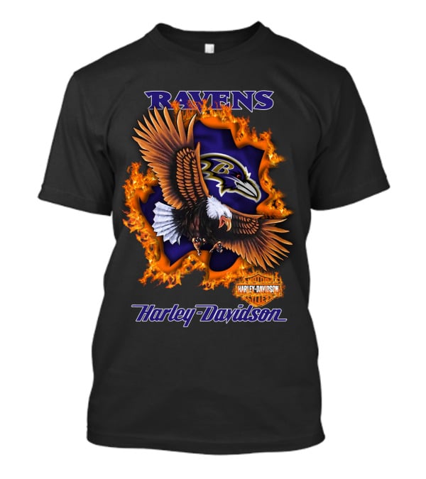 Ravens Harley Davidson Baltimore Ravens Logo Eagle Fire T-Shirt