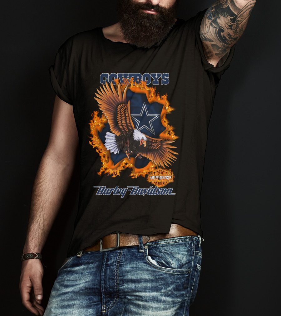 Cowboys Harley Davidson Eagle With Star And Flames T-Shirt