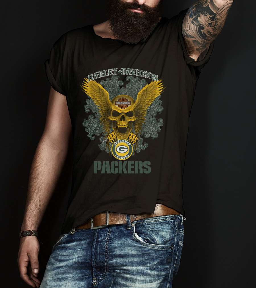 Harley Davidson Green Bay Packers Skull Wings T-Shirt