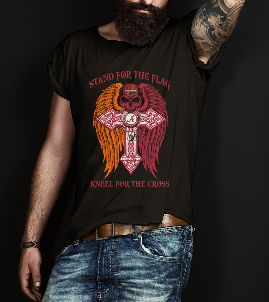 Stand For The Flag Kneel For The Cross Alabama Crimson Tide Harley Davidson Skulls Wings T-Shirt
