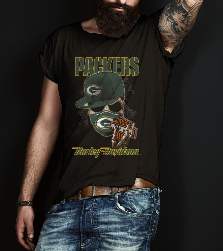 Packers Harley Davidson Skull With Green Bay Packers Cap And Bandana T-Shirt