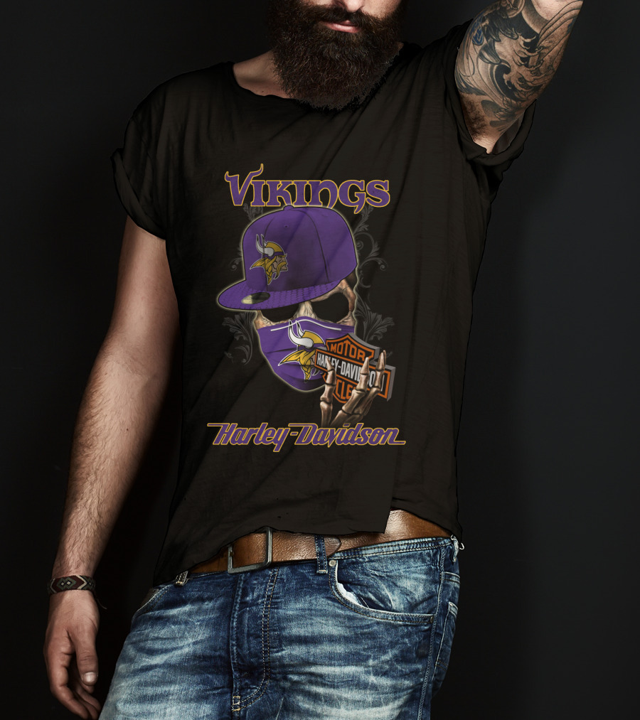 Vikings Harley Davidson Skeleton Wearing Nfl Minnesota Vikings Hat And Mask T-Shirt