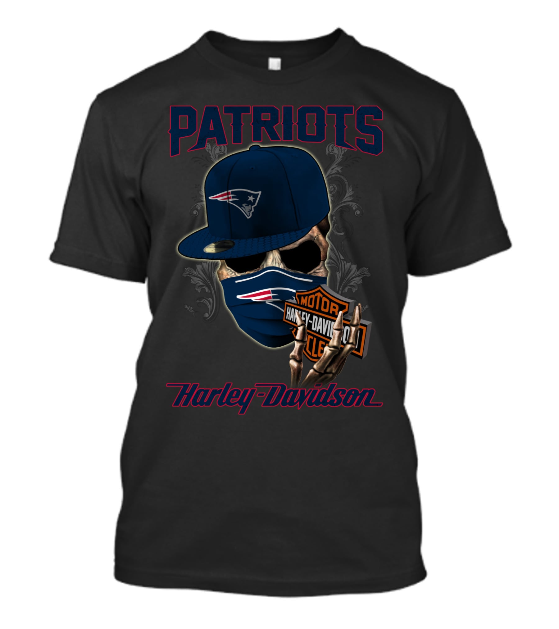 Harley Davidson New England Patriots Skull With Cap And Mask T-Shirt