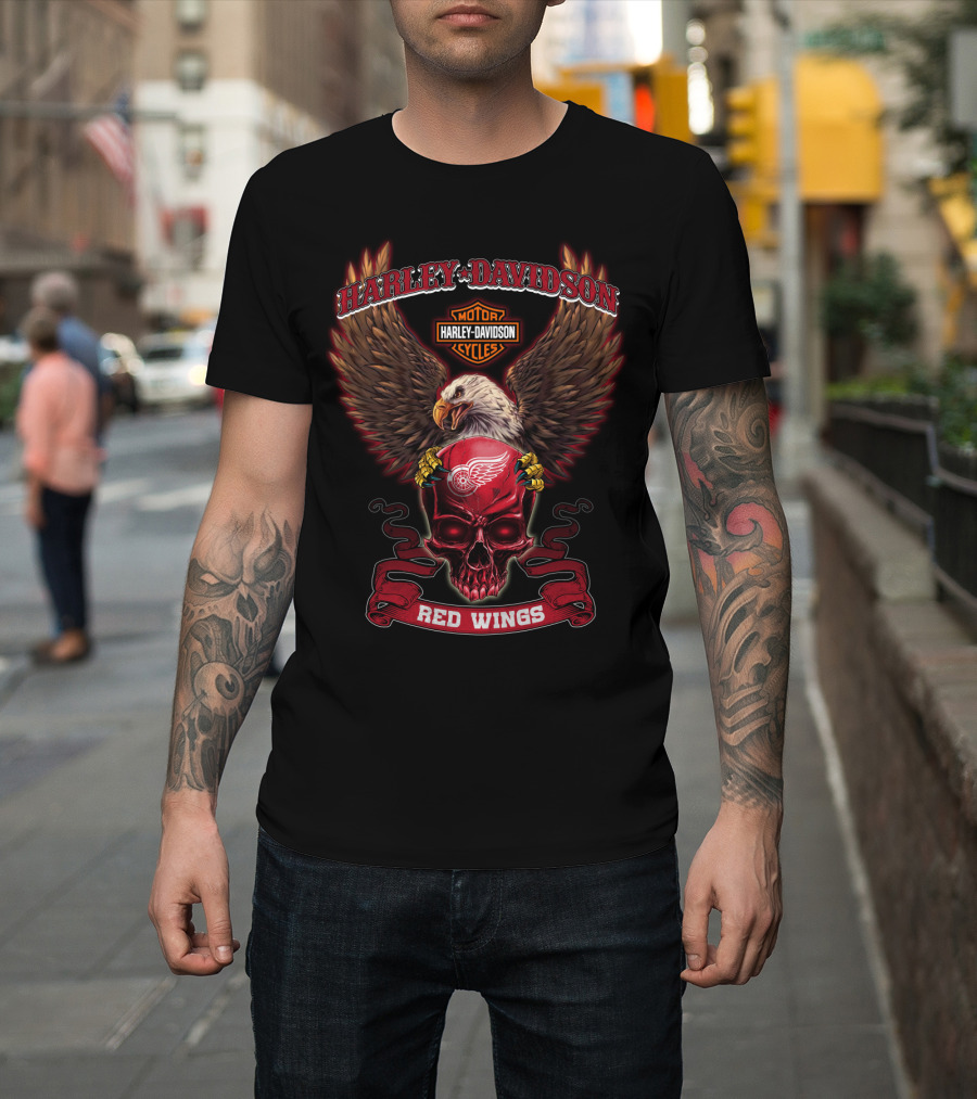 Harley Davidson Red Wings Skull And Eagle Motor Cycles T-Shirt
