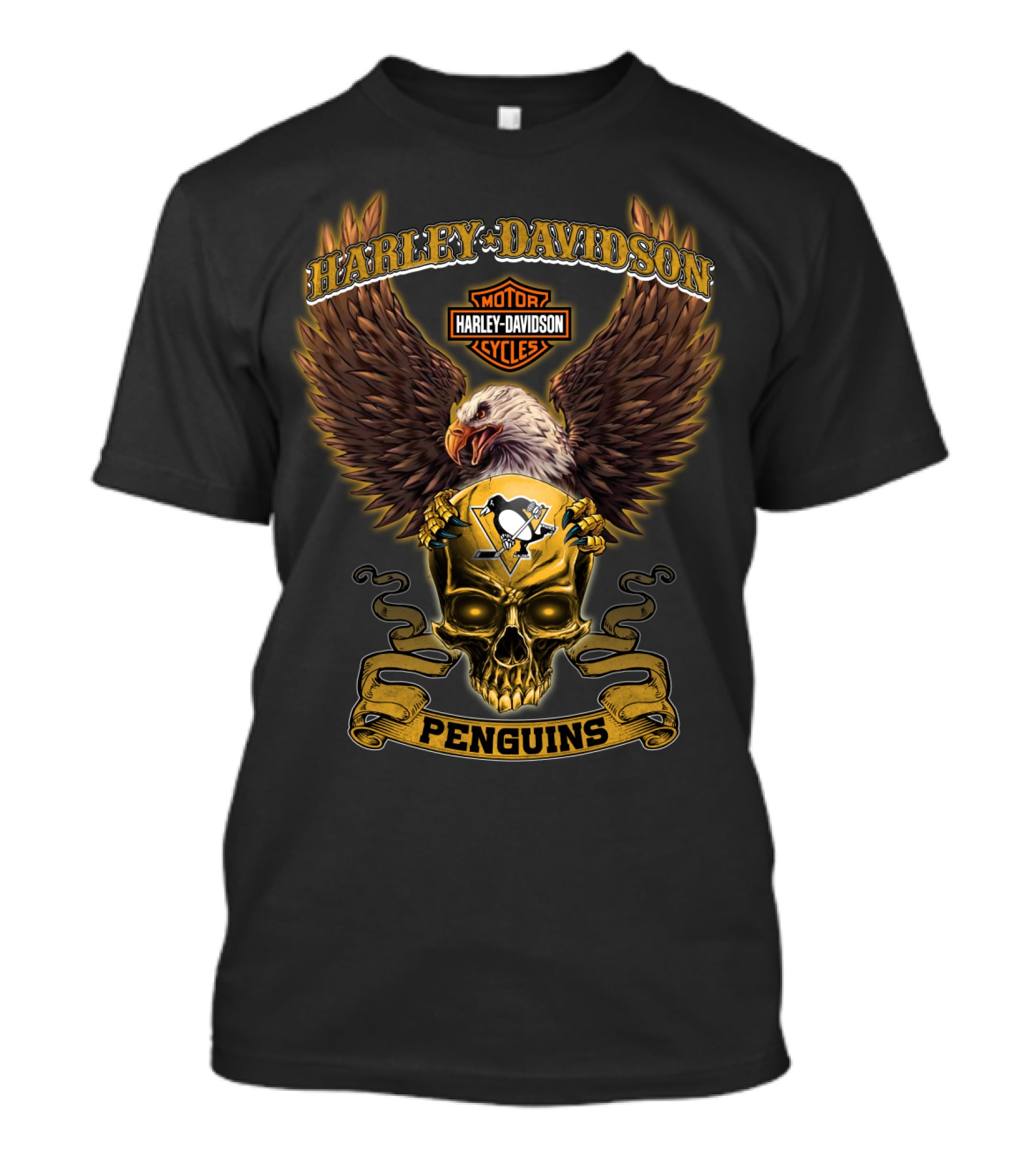 Harley Davidson Motor Cycles Pittsburgh Penguins Eagle Skull T-Shirt