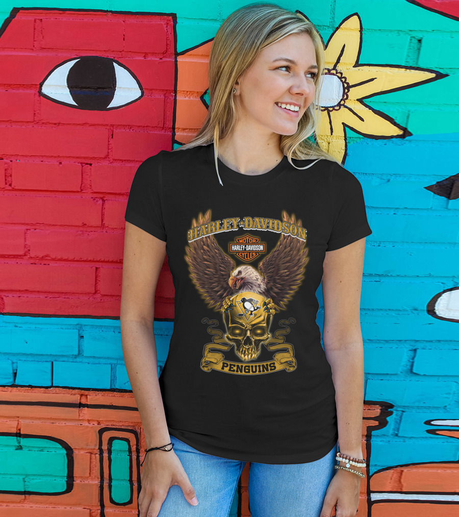 Harley Davidson Motor Cycles Pittsburgh Penguins Eagle Skull T-Shirt