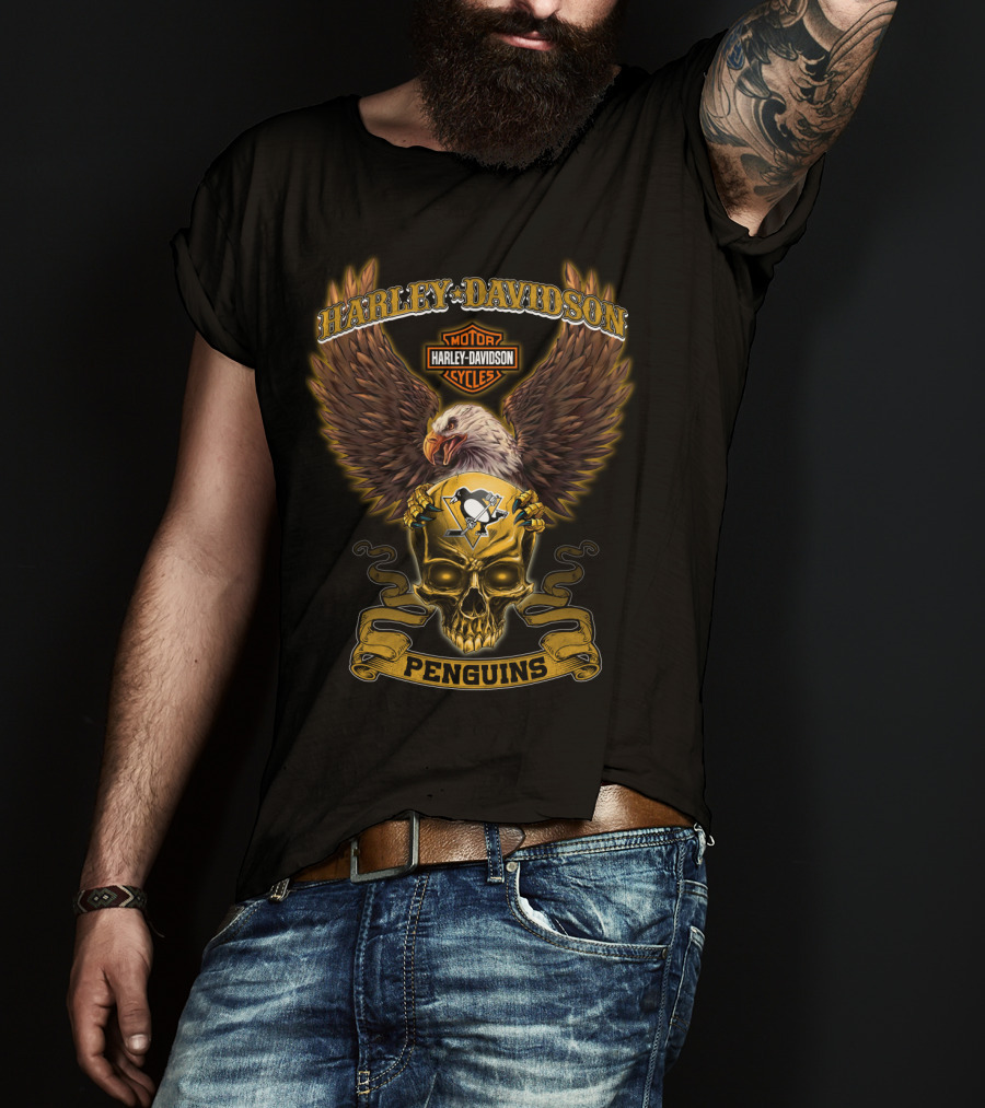 Harley Davidson Motor Cycles Pittsburgh Penguins Eagle Skull T-Shirt