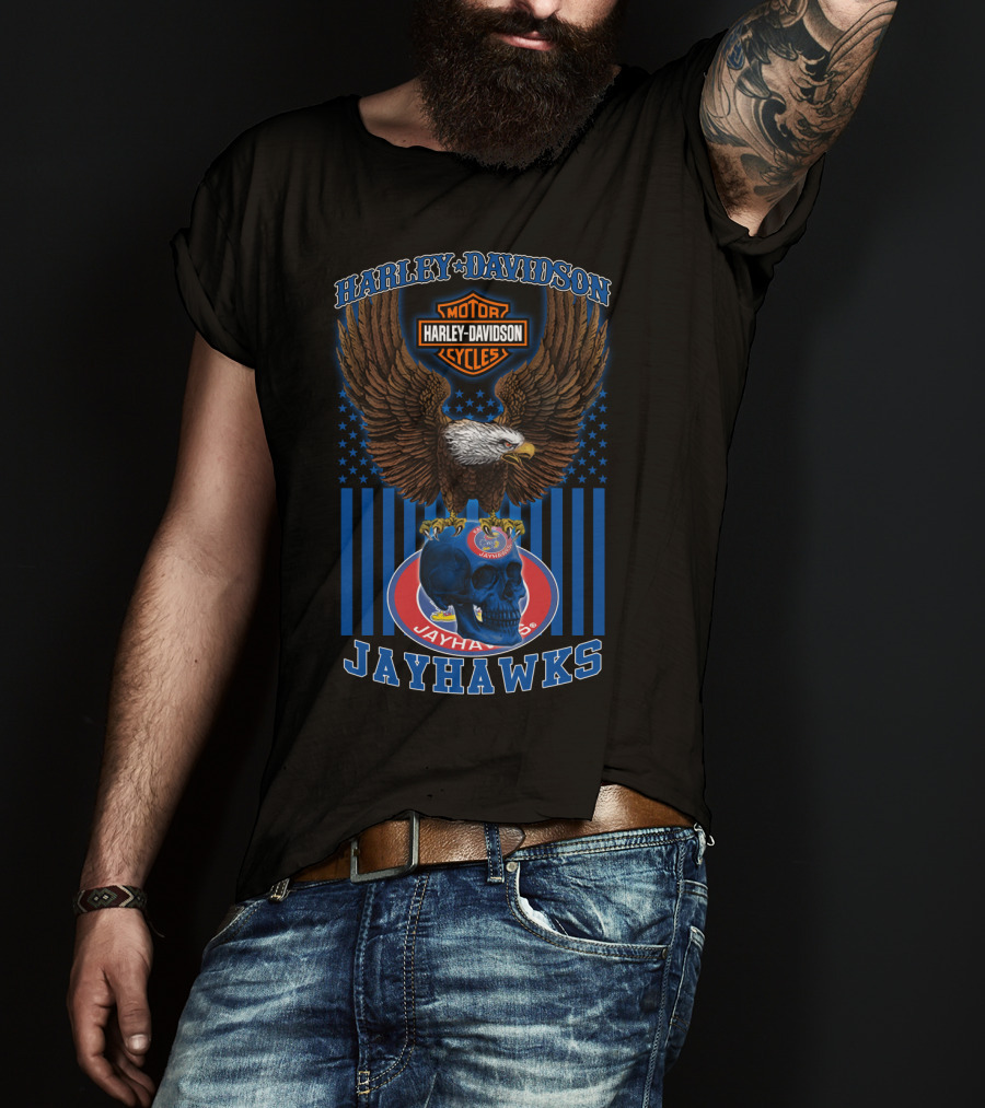 Harley Davidson Motor Cycles Kansas Jayhawks Eagles And Skull T-Shirt
