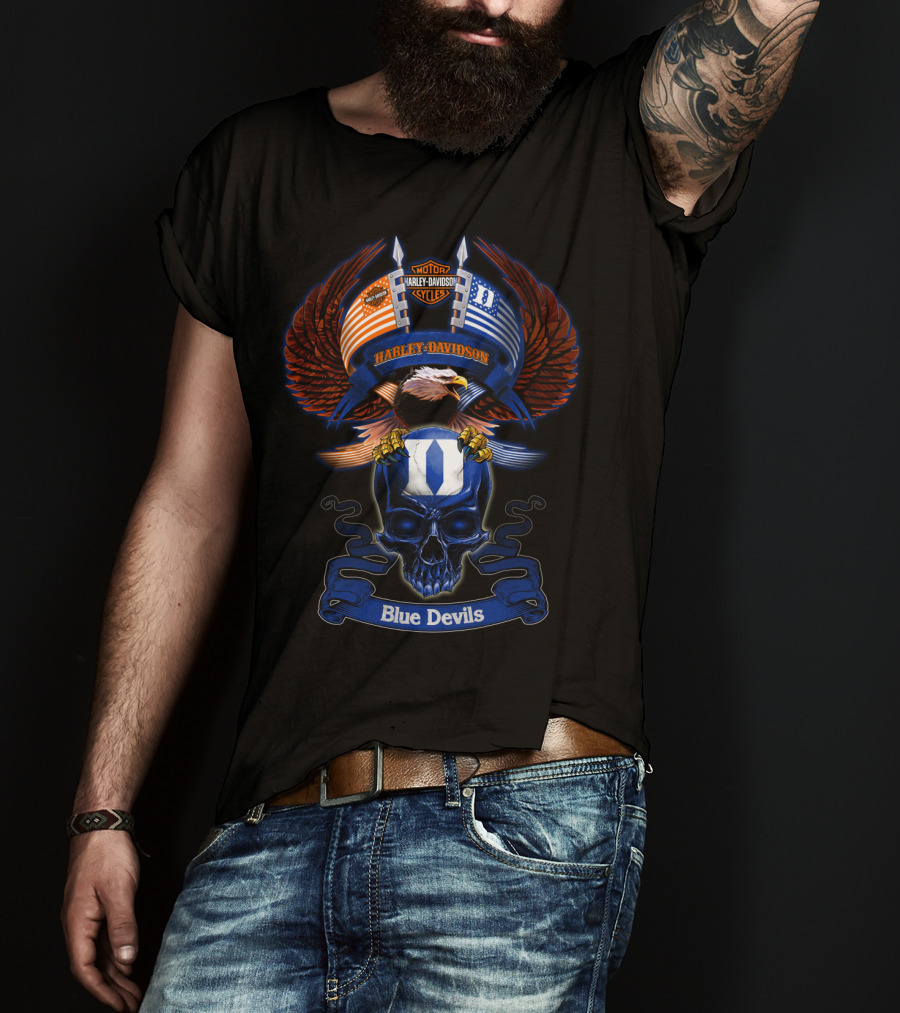 Harley Davidson Motor Cycles Eagle Skull Blue Devils T-Shirt