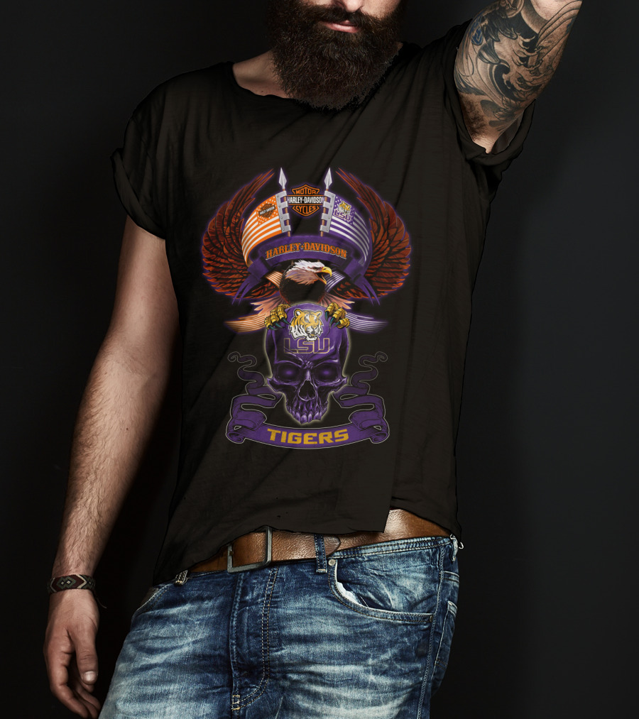 Harley Davidson Lsu Tigers Eagle And Skull Motorcycle Lifestyle T-Shirt