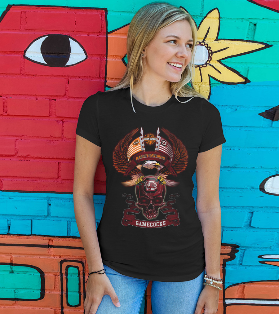 Harley Davidson Motorcycles Gamecocks South Carolina Bald Eagle Skull T-Shirt