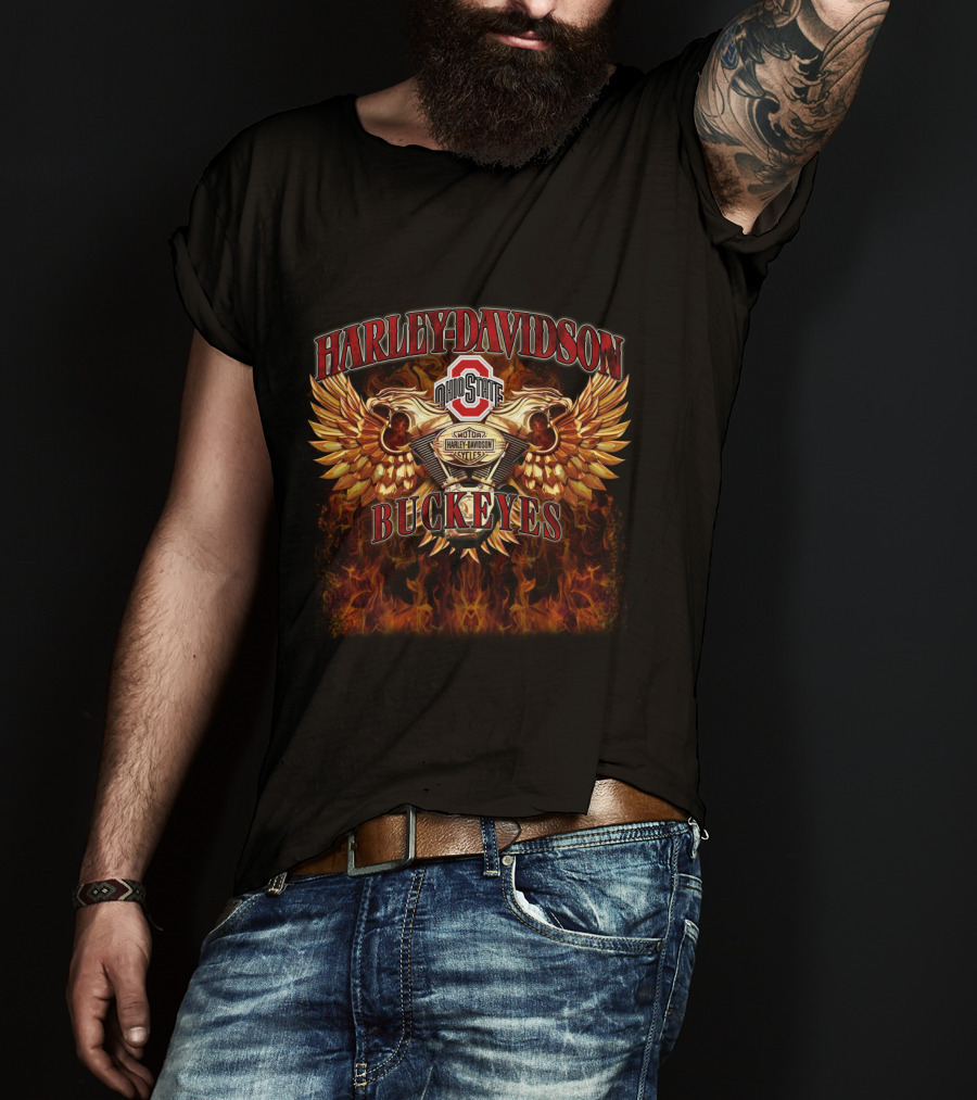 Harley Davidson Ohio State Buckeyes Ncaa612 Flaming Wings T-Shirt