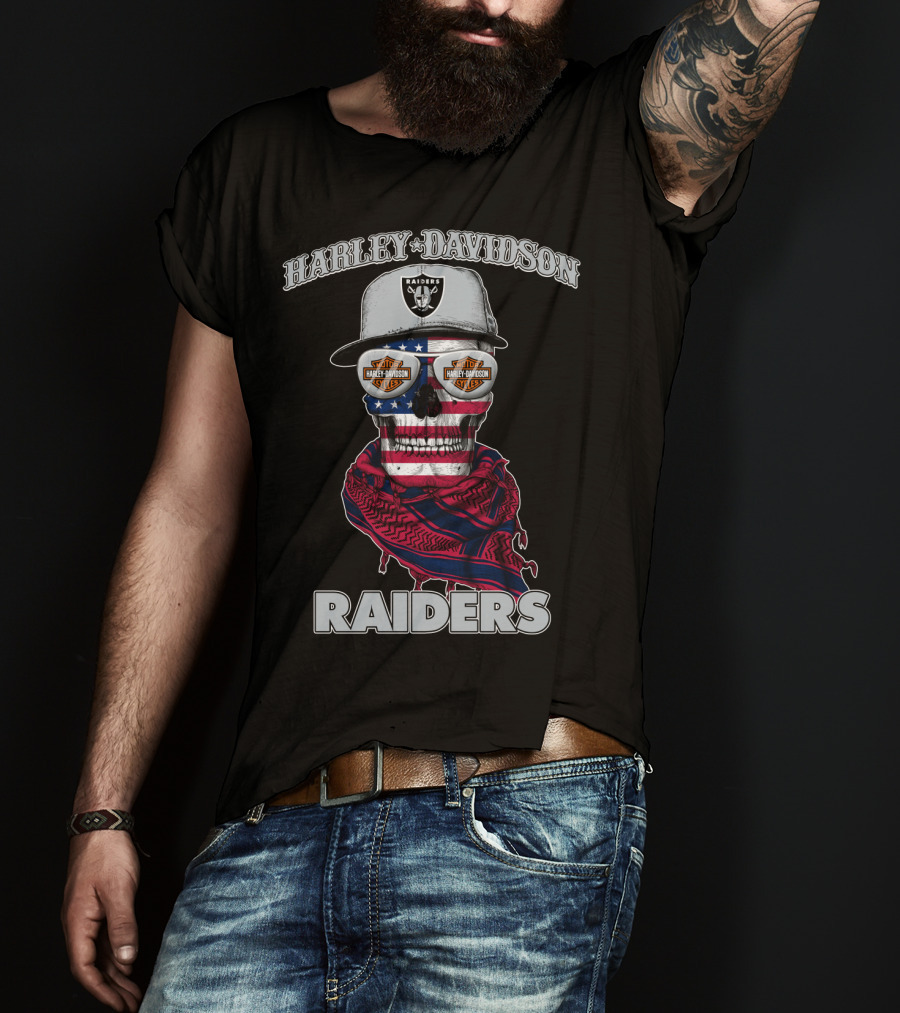 Harley Davidson Raiders Skull American Flag Bandana Nfl X Las Vegas Raiders T-Shirt