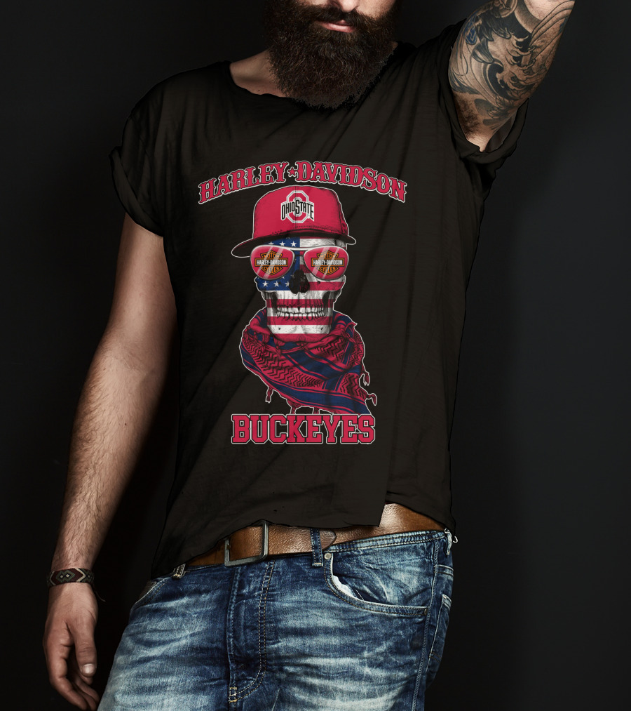 Harley Davidson Ohio State Buckeyes Usa Flag Skull T-Shirt