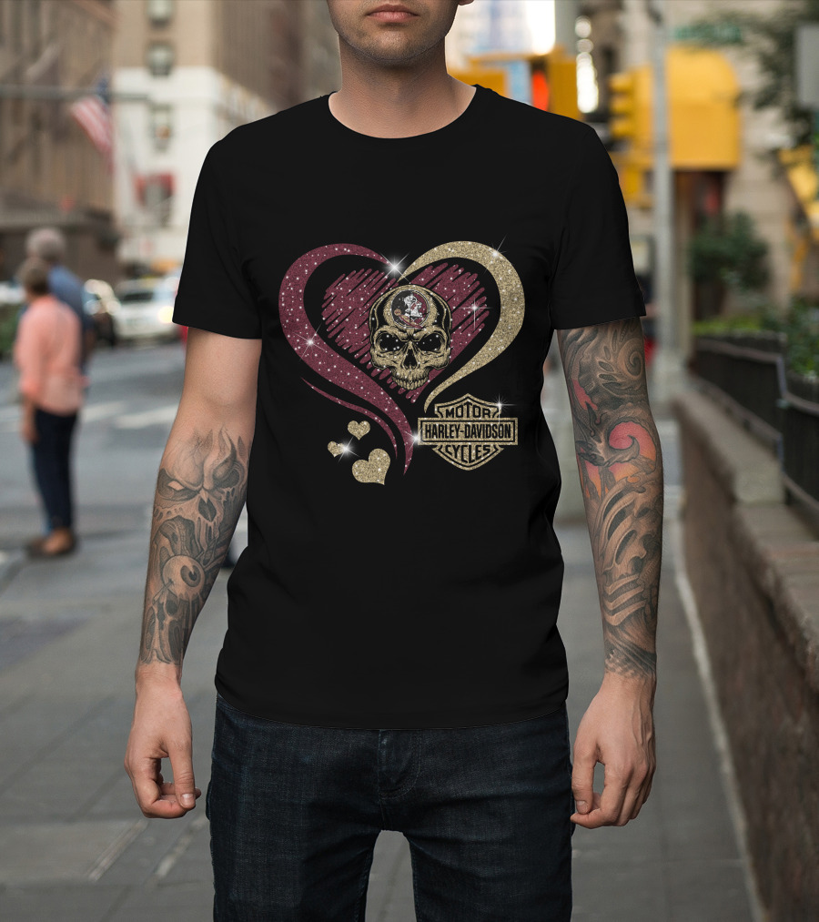 Florida State Seminoles Harley Davidson Heart Skull Motif T-Shirt