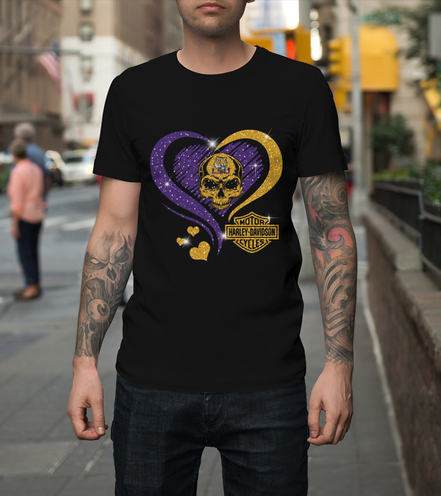 Ncaa Lsu Tigers Skull Heart Harley Davidson Motor Cycles T-Shirt
