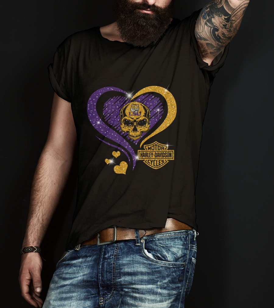Ncaa Lsu Tigers Skull Heart Harley Davidson Motor Cycles T-Shirt