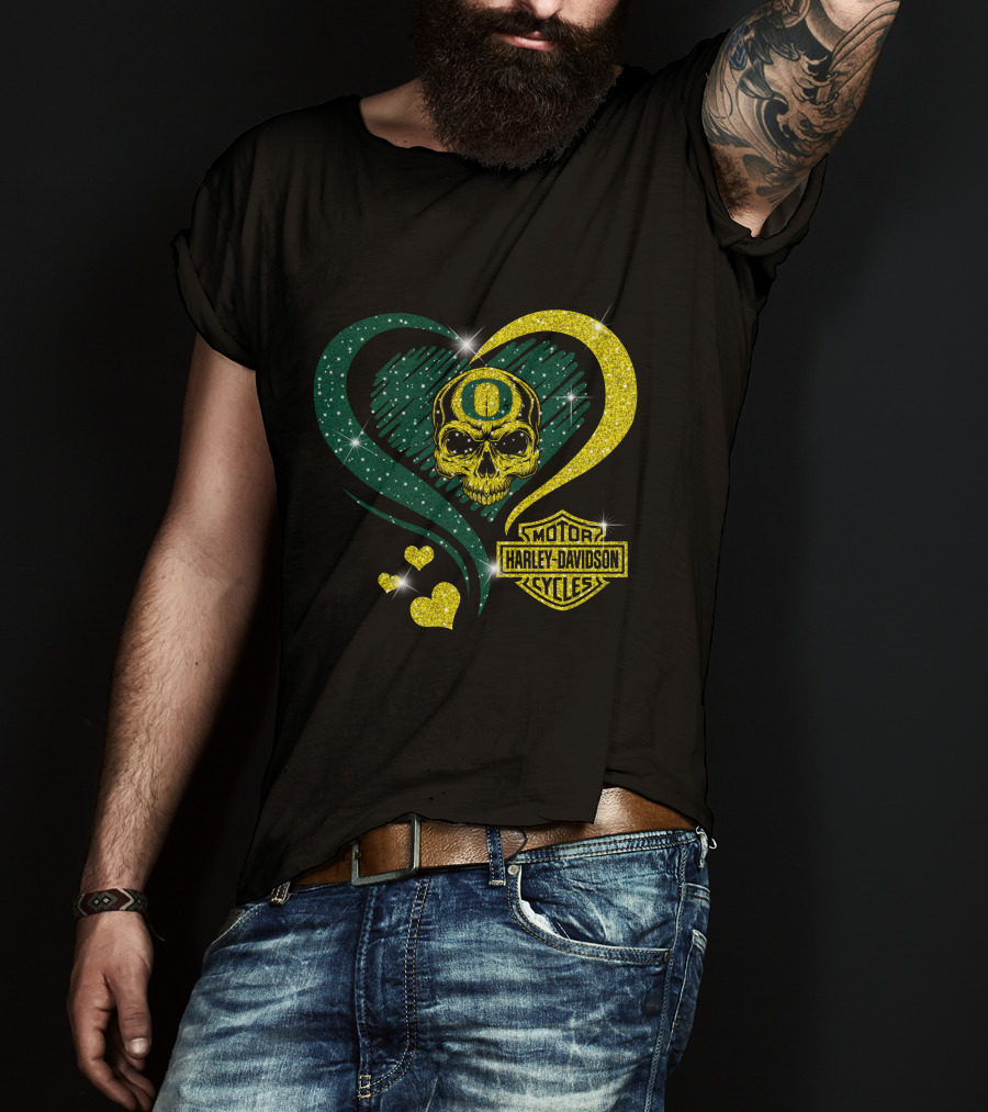 Ncaa Oregon Ducks Skull Harley Davidson Motor Cycles Heart T-Shirt