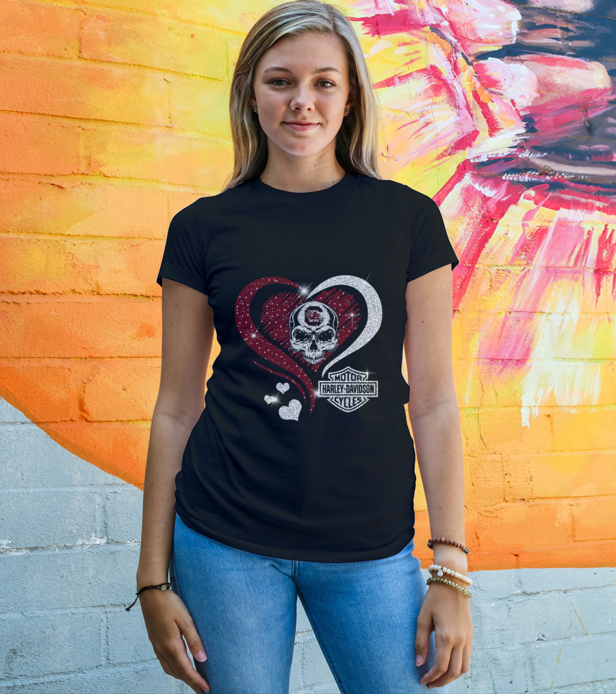 Ncaa South Carolina Gamecocks Skull Heart Harley Davidson Cycles T-Shirt
