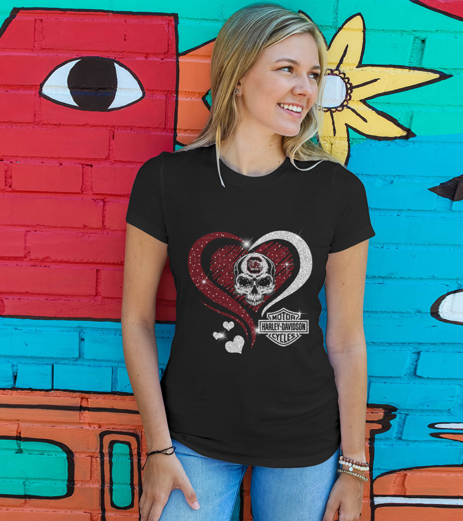 Ncaa South Carolina Gamecocks Skull Heart Harley Davidson Cycles T-Shirt