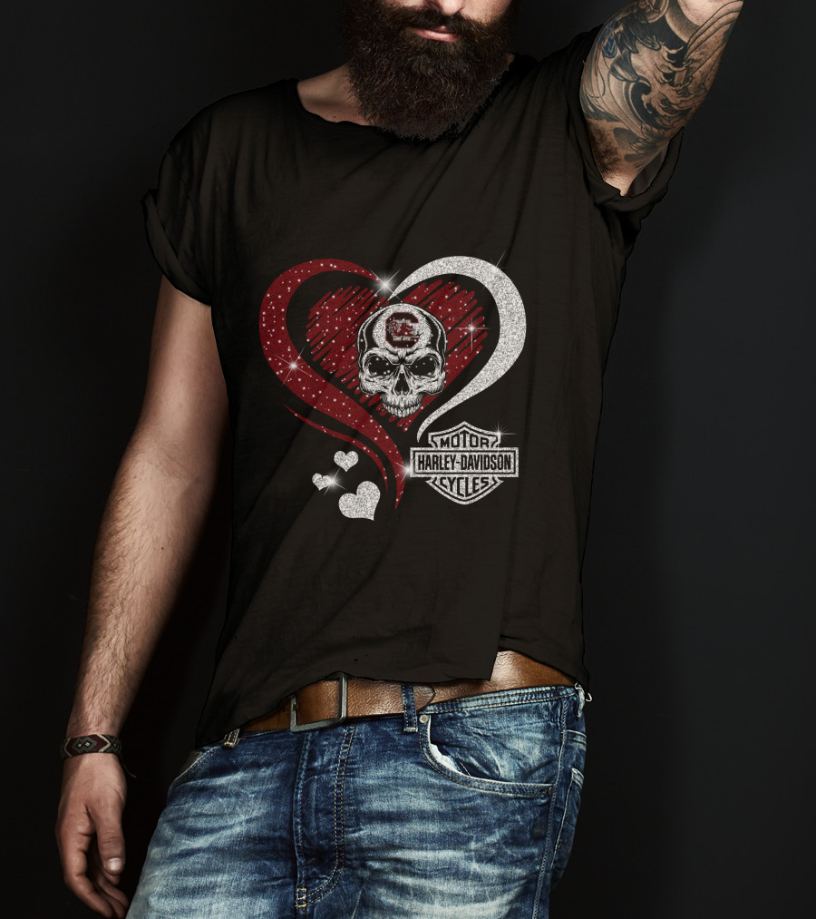 Ncaa South Carolina Gamecocks Skull Heart Harley Davidson Cycles T-Shirt
