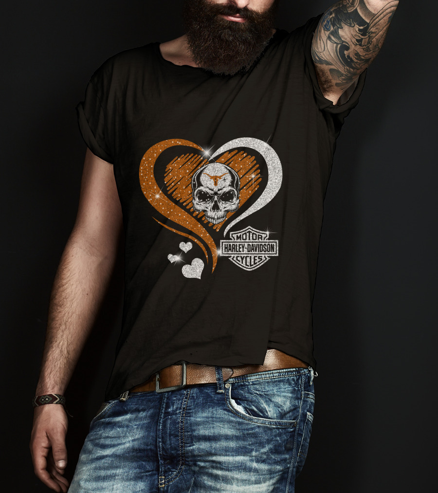 Ncaa Texas Longhorns Harley Davidson Skull Heart T-Shirt