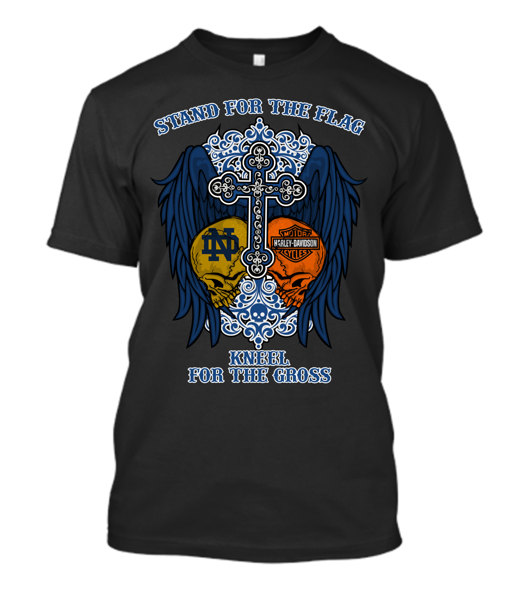Stand For The Flag Kneel For The Cross Hl Flag 2707 Notre Dame Fighting Irish Harley Davidson Skulls T-Shirt