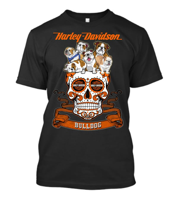 Harley Davidson Bulldog Skull Motif With Bulldogs T-Shirt