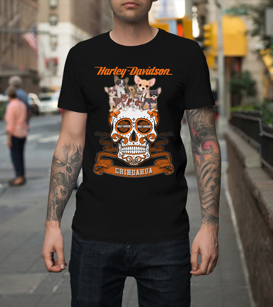 Harley Davidson Chihuahua Skull With Motorcycles And Cute Dogs T-Shirt