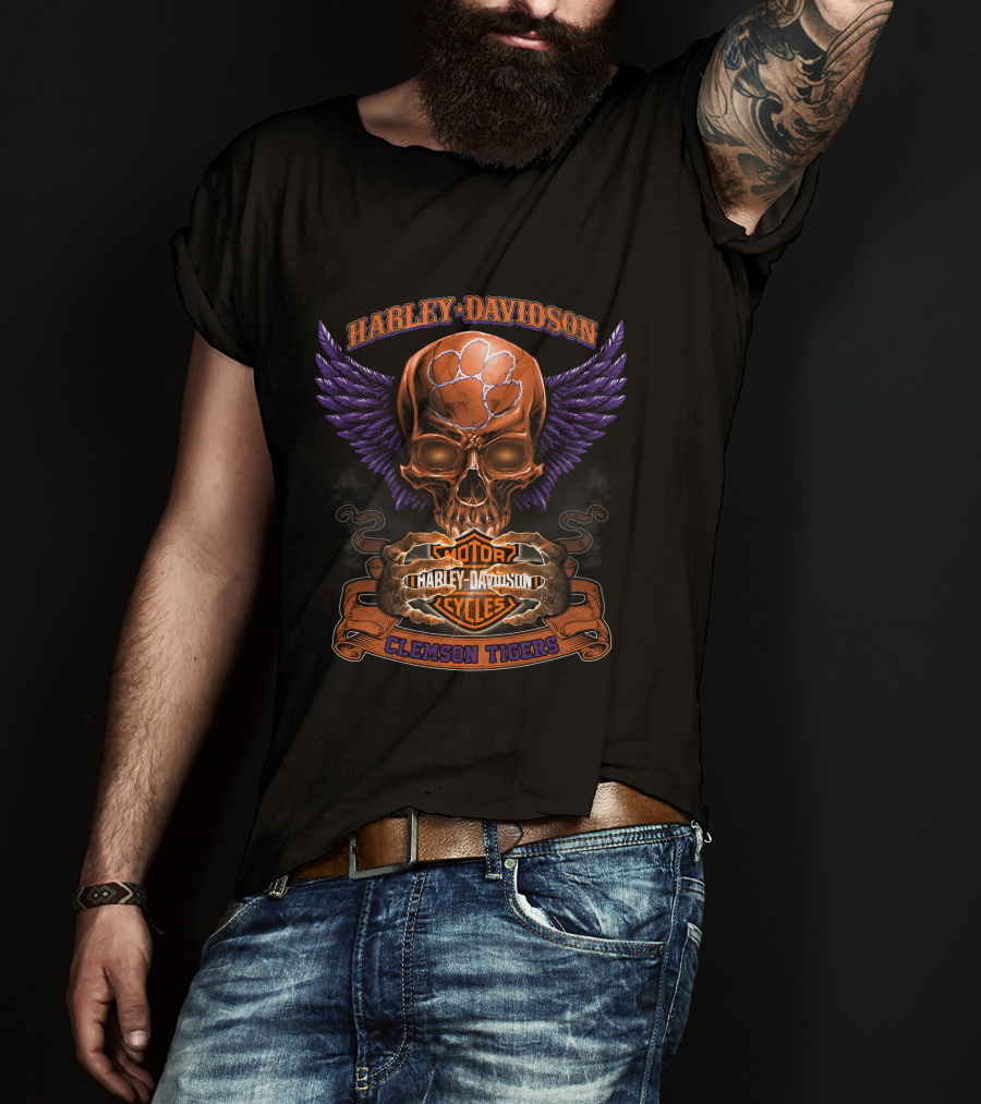 Harley Davidson Clemson Tigers Motorcycles Skull Wings T-Shirt