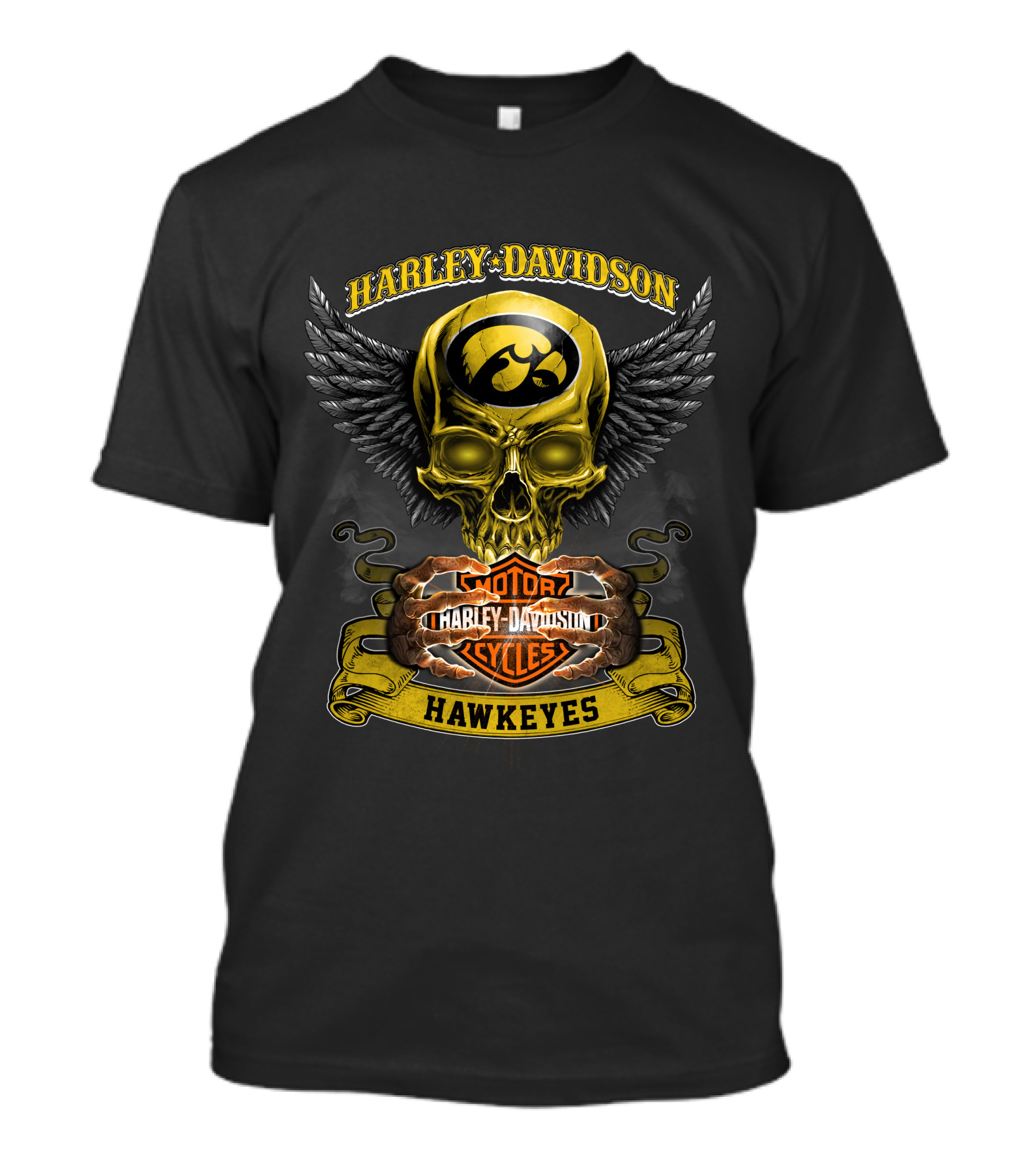 Harley Davidson Iowa Hawkeyes Skull Wings Motor Cycles T-Shirt