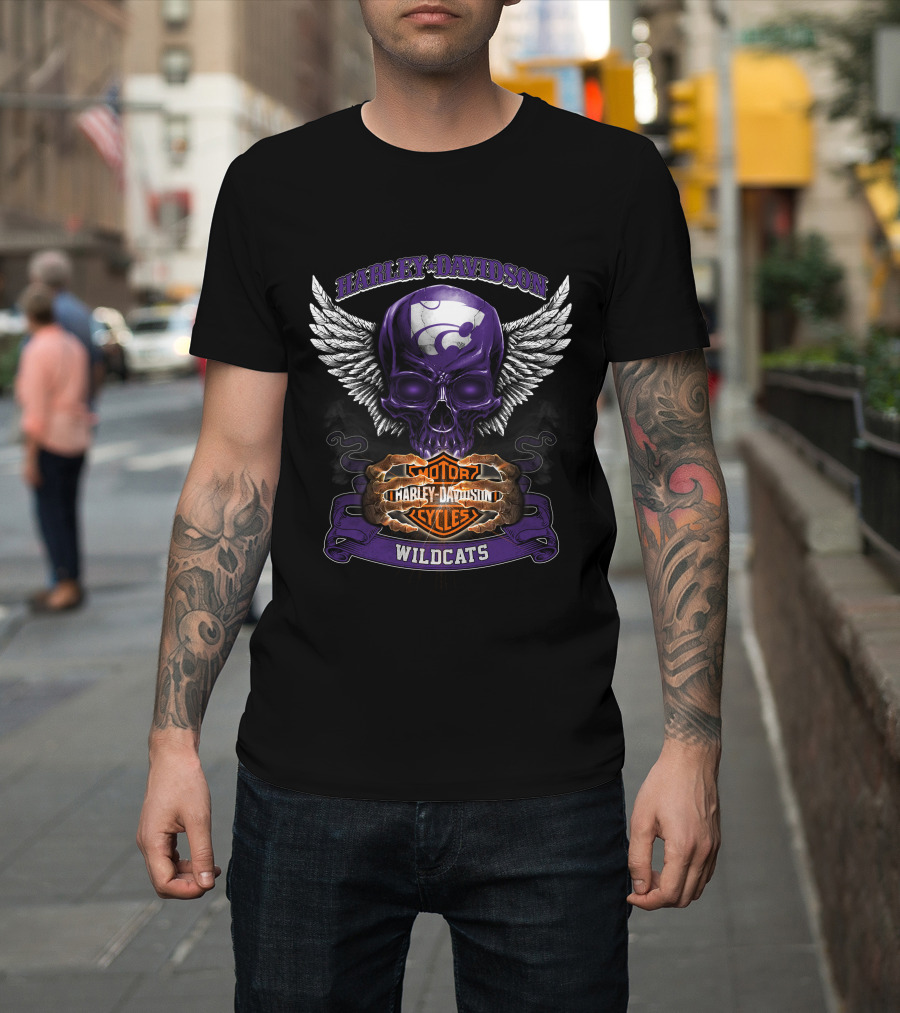 Harley Davidson Kansas State Wildcats Motorcycles Winged Skull T-Shirt