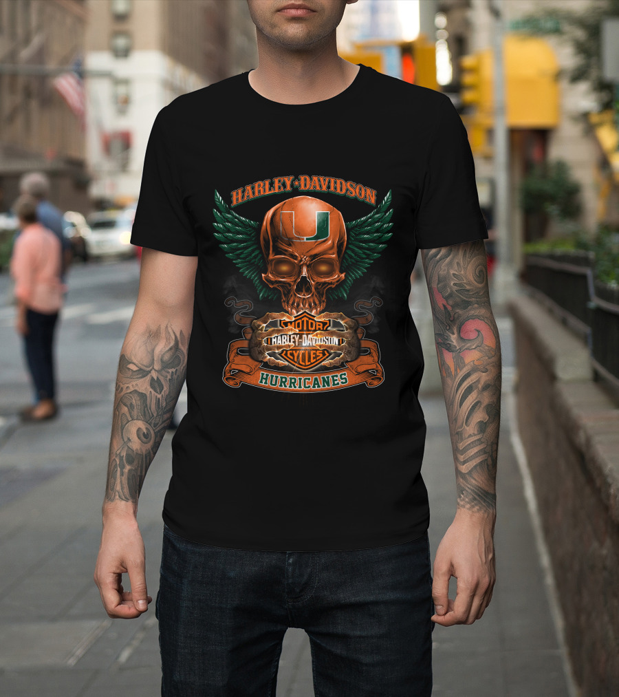 Harley Davidson Miami Hurricanes Skull With Wings Motorcycles T-Shirt