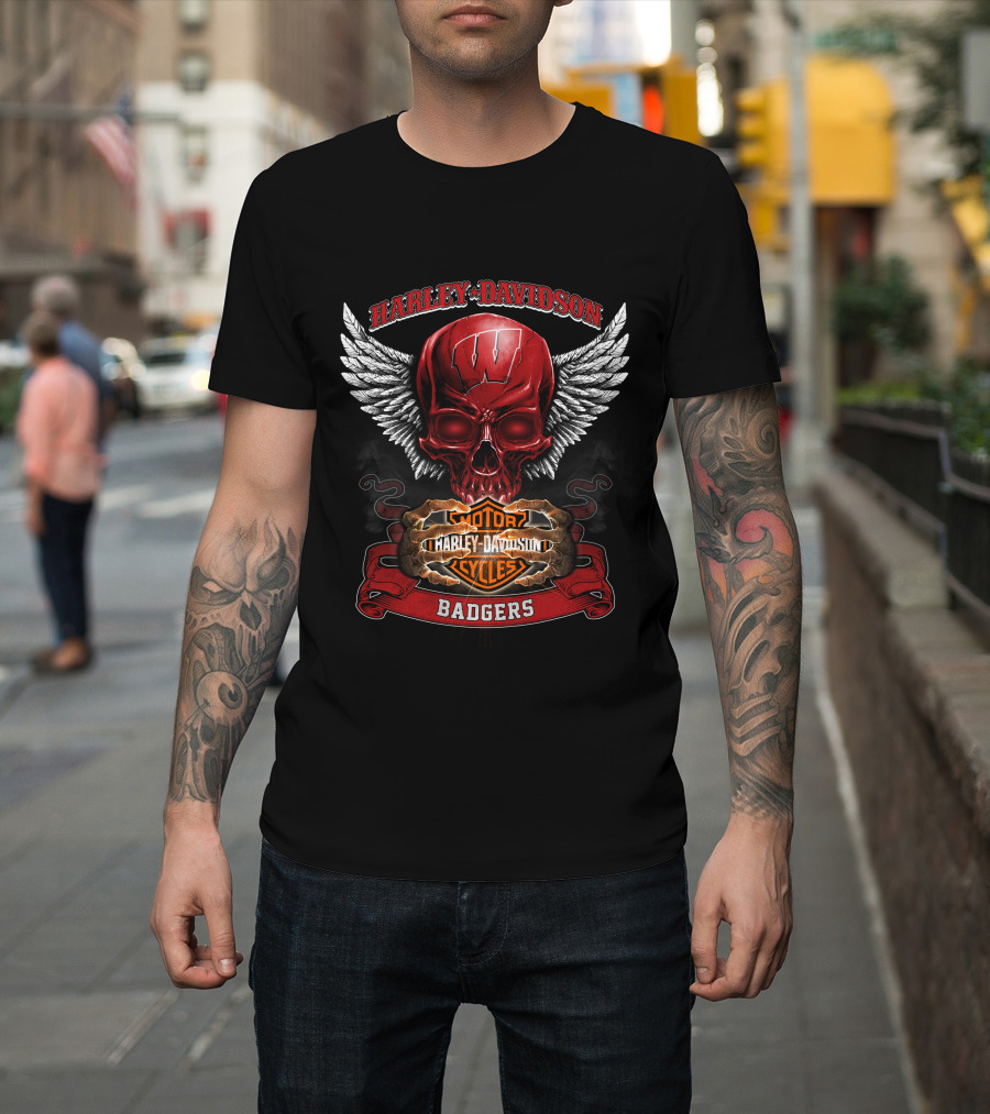 Harley Davidson Wisconsin Badgers Motorcycles Winged Skull T-Shirt
