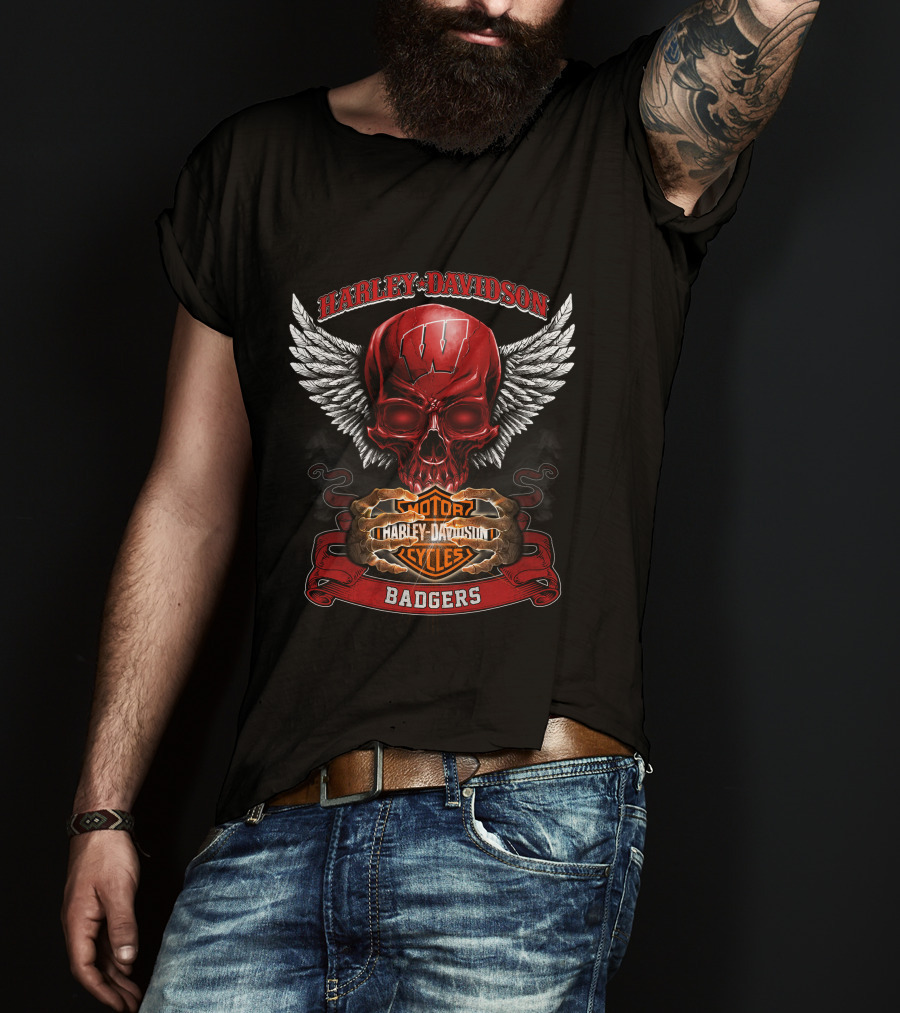 Harley Davidson Wisconsin Badgers Motorcycles Winged Skull T-Shirt