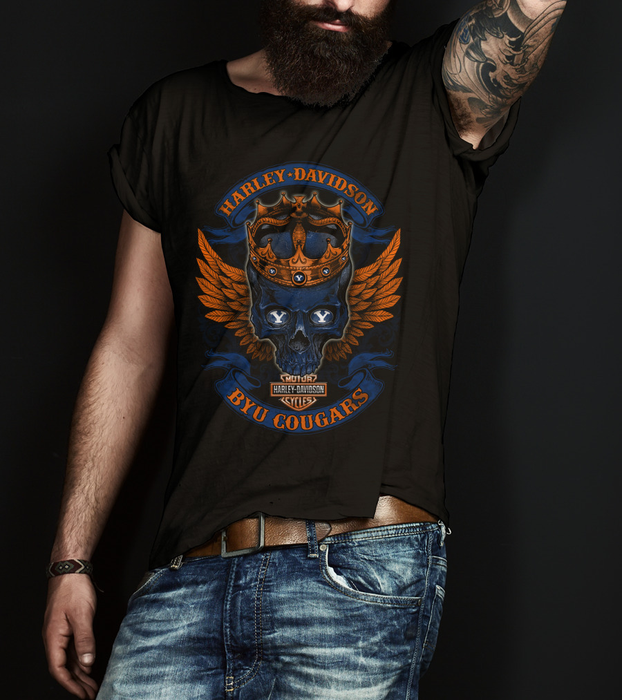 Harley Davidson Skull With Crown And Wings Byu Cougars T-Shirt