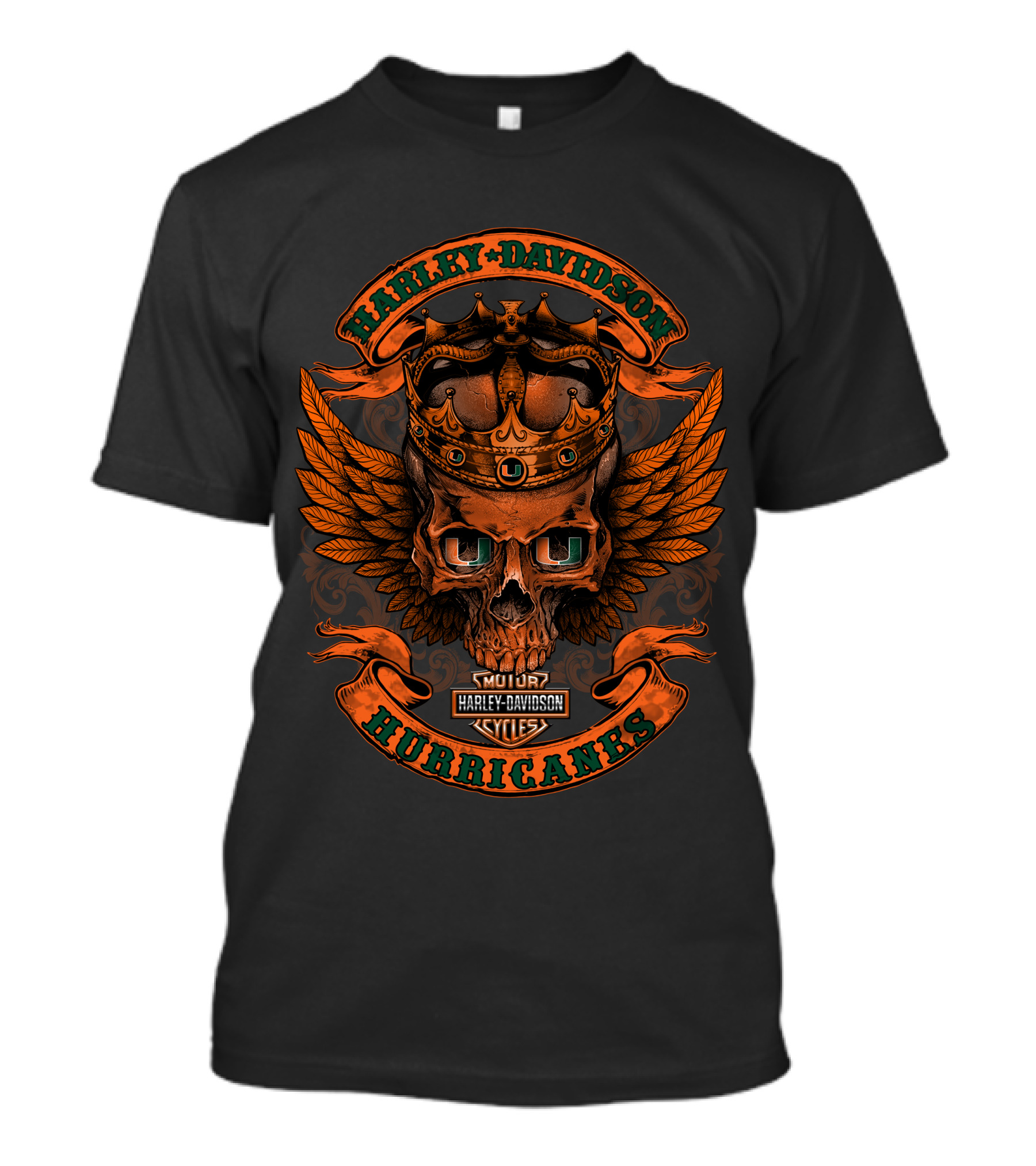 Harley Davidson Hurricanes King Skull Orange Wings Crown Motor Cycles T-Shirt